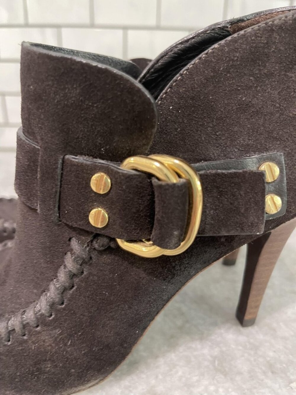 Tory Burch Belen Booties Womens 7.5 Brown Suede Ankle Stiletto Heels Booties - Picture 5 of 13